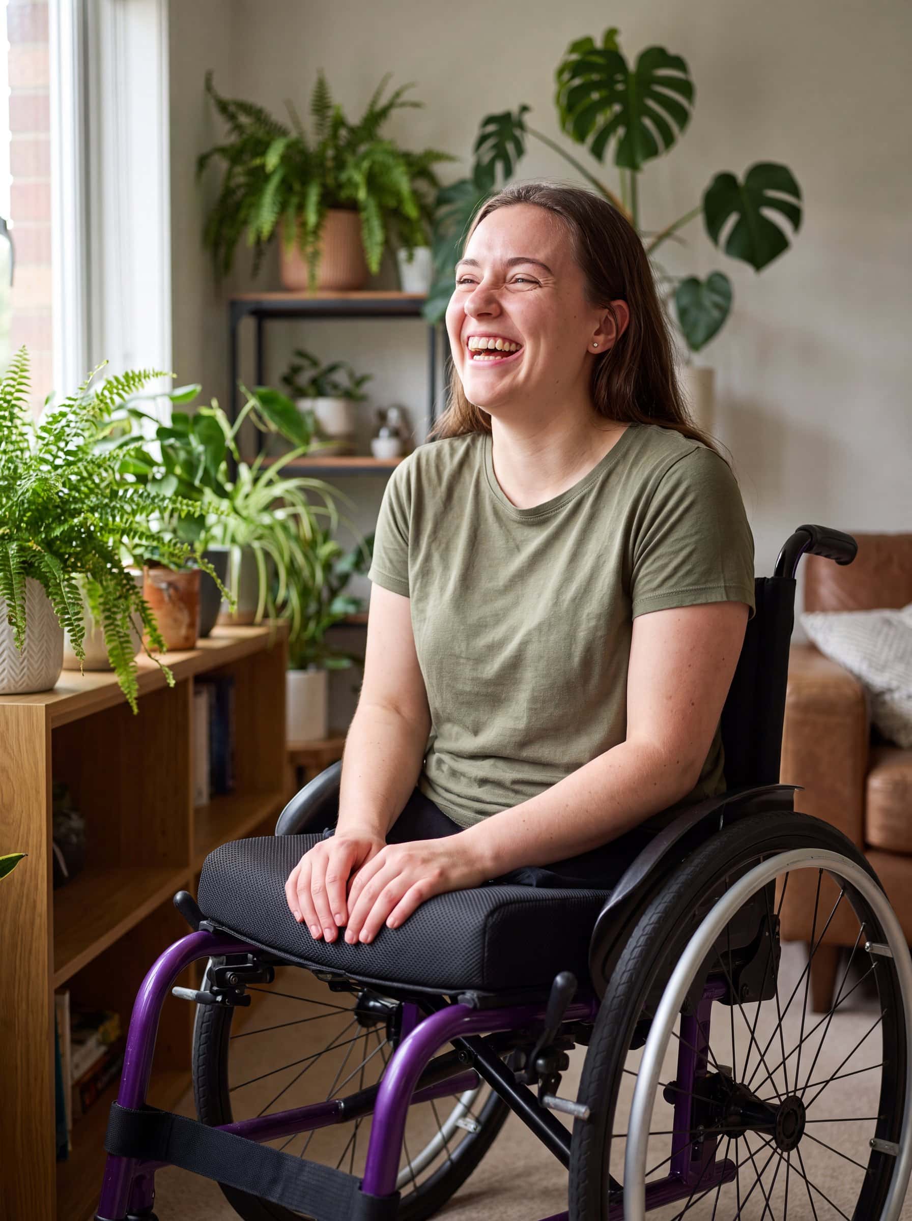 A young NDIS participant in her wheelchair, laughing warmly at home