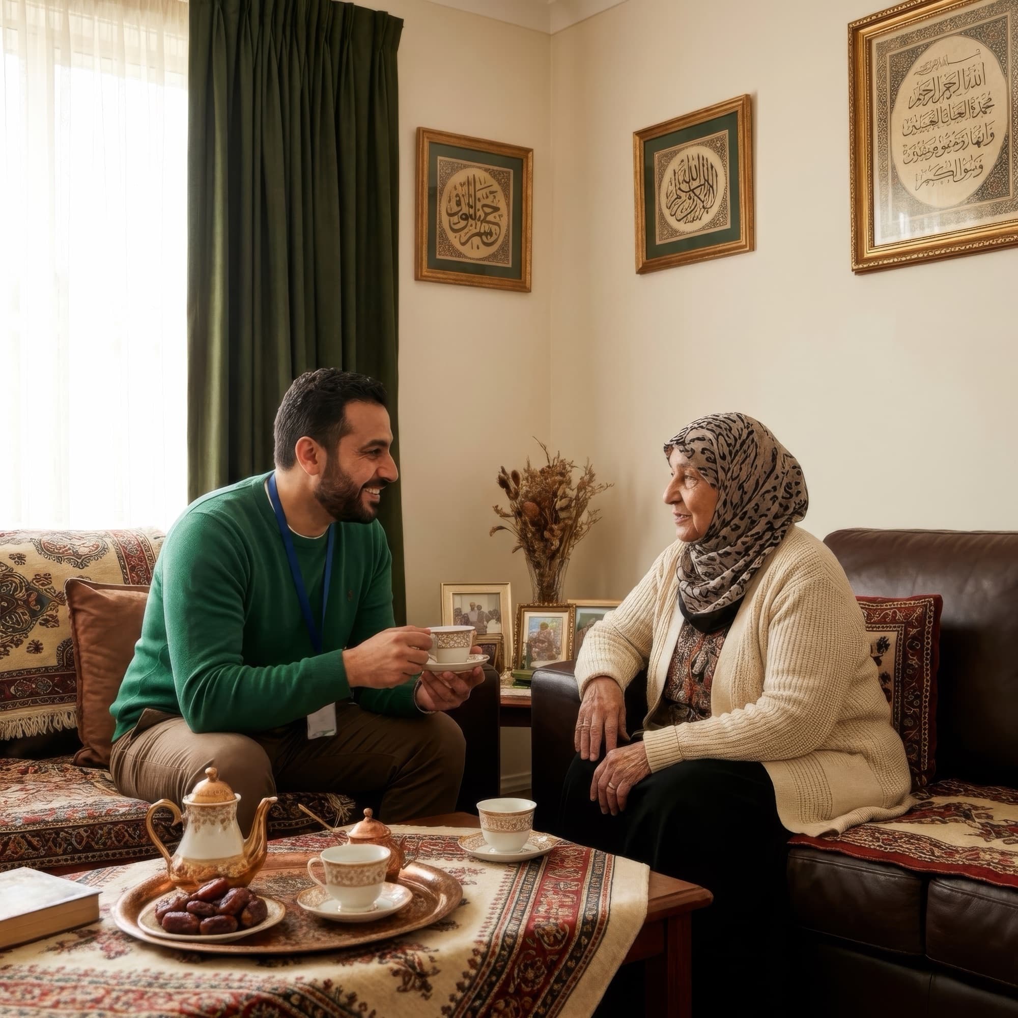 Male worker in green jumper chatting with a woman in hijab