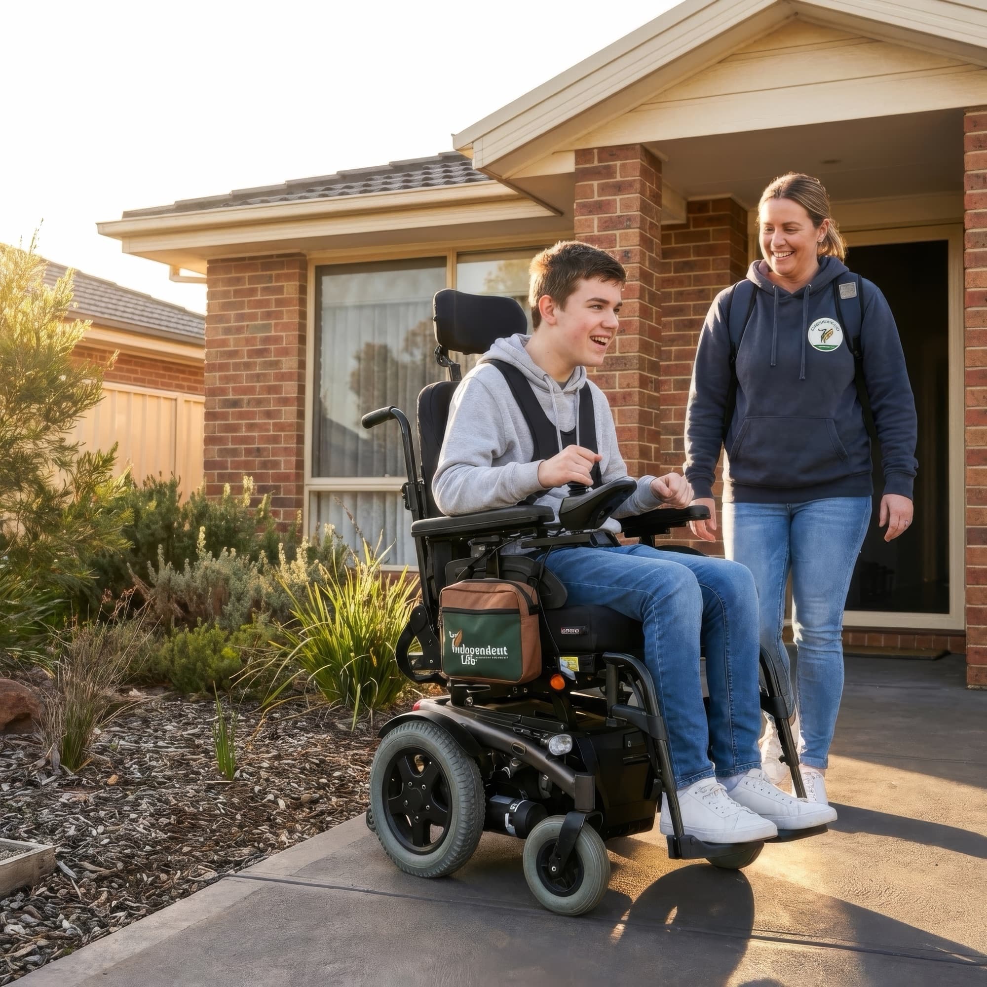 Young man in wheelchair leaving home with his support worker