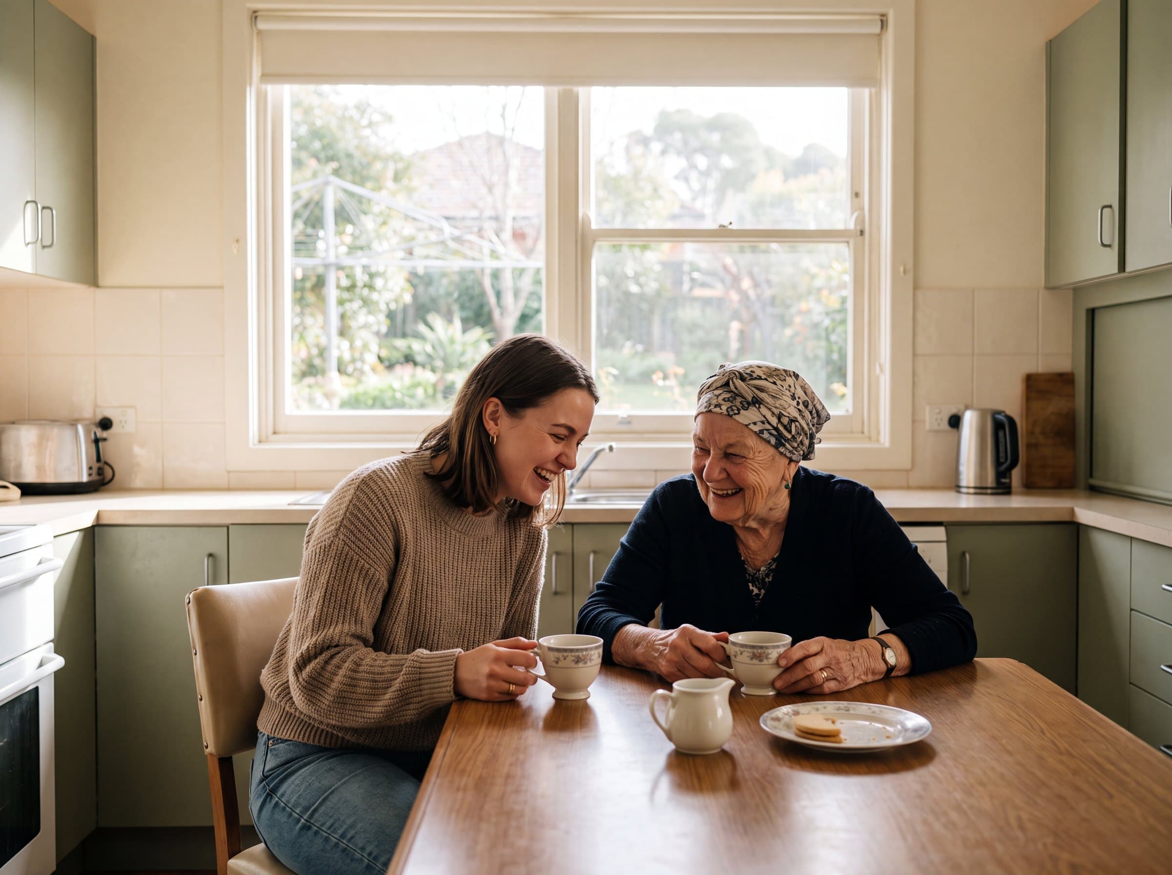 An InLife support worker sharing a warm laugh with the older woman she cares for