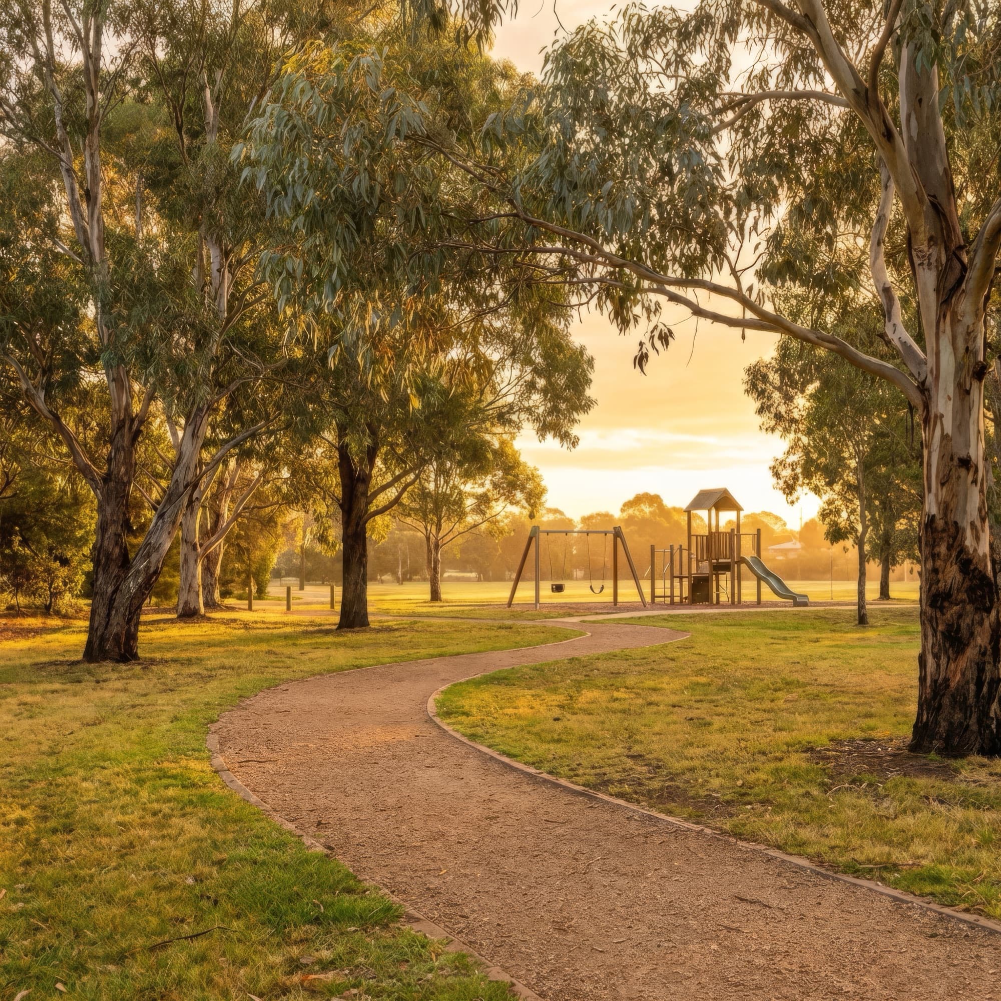 Tree-lined pathway through a community park