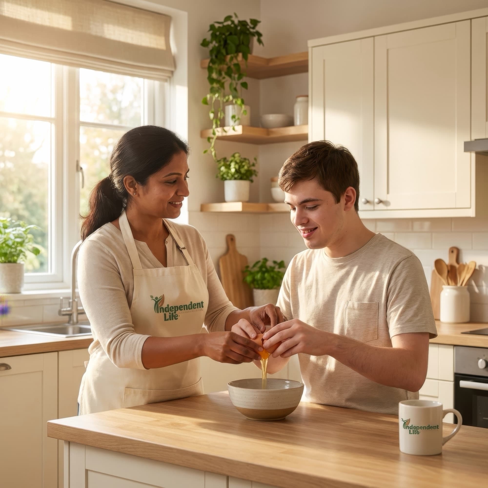 Support worker helping a young man crack an egg in the kitchen