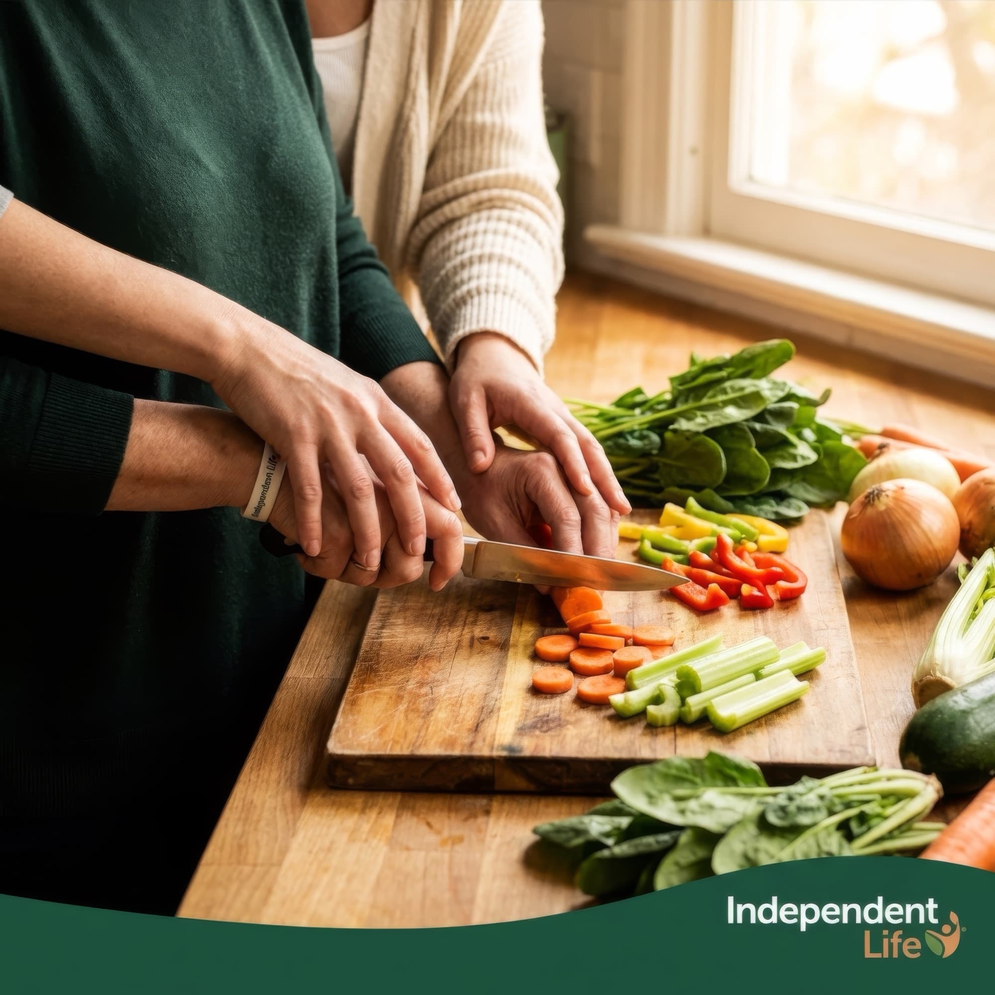 Hands chopping fresh vegetables during meal preparation