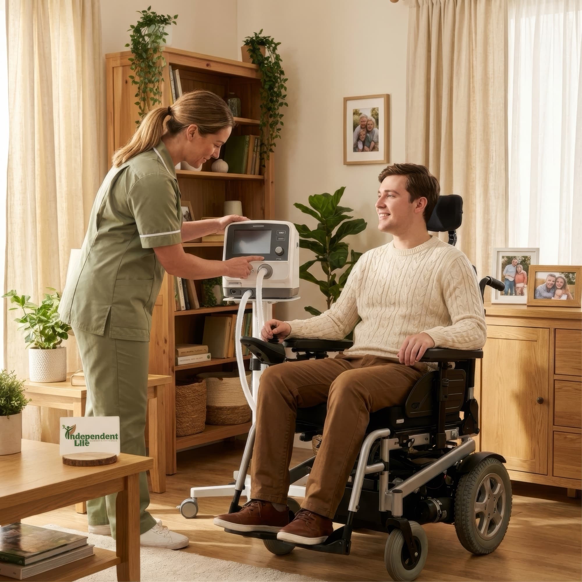 Nurse with medical device alongside a man in a power wheelchair, both smiling