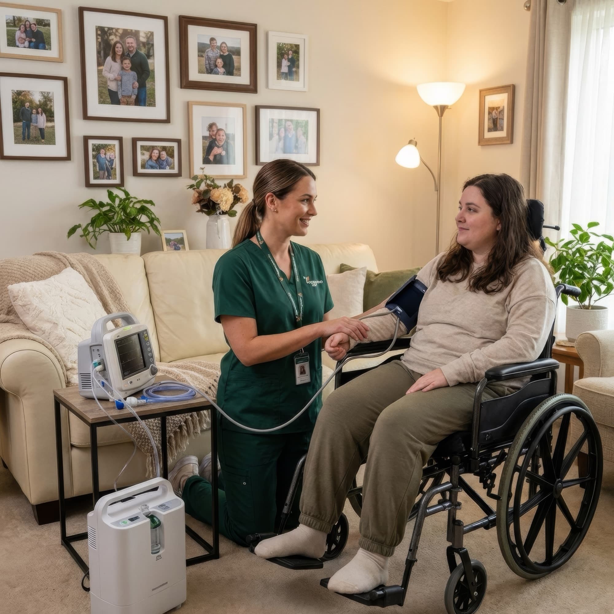 Nurse taking blood pressure of a woman in a wheelchair