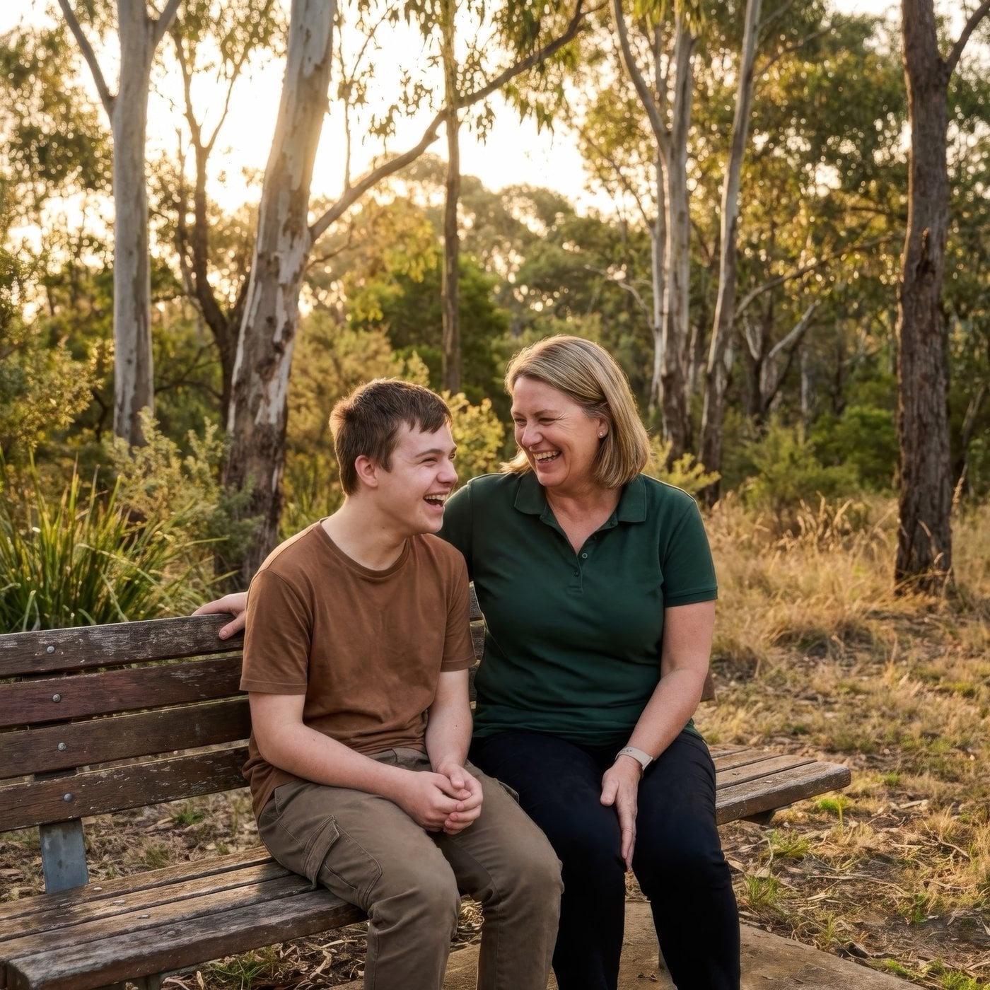 A young man and his support worker sitting on a bench in the bush, laughing together