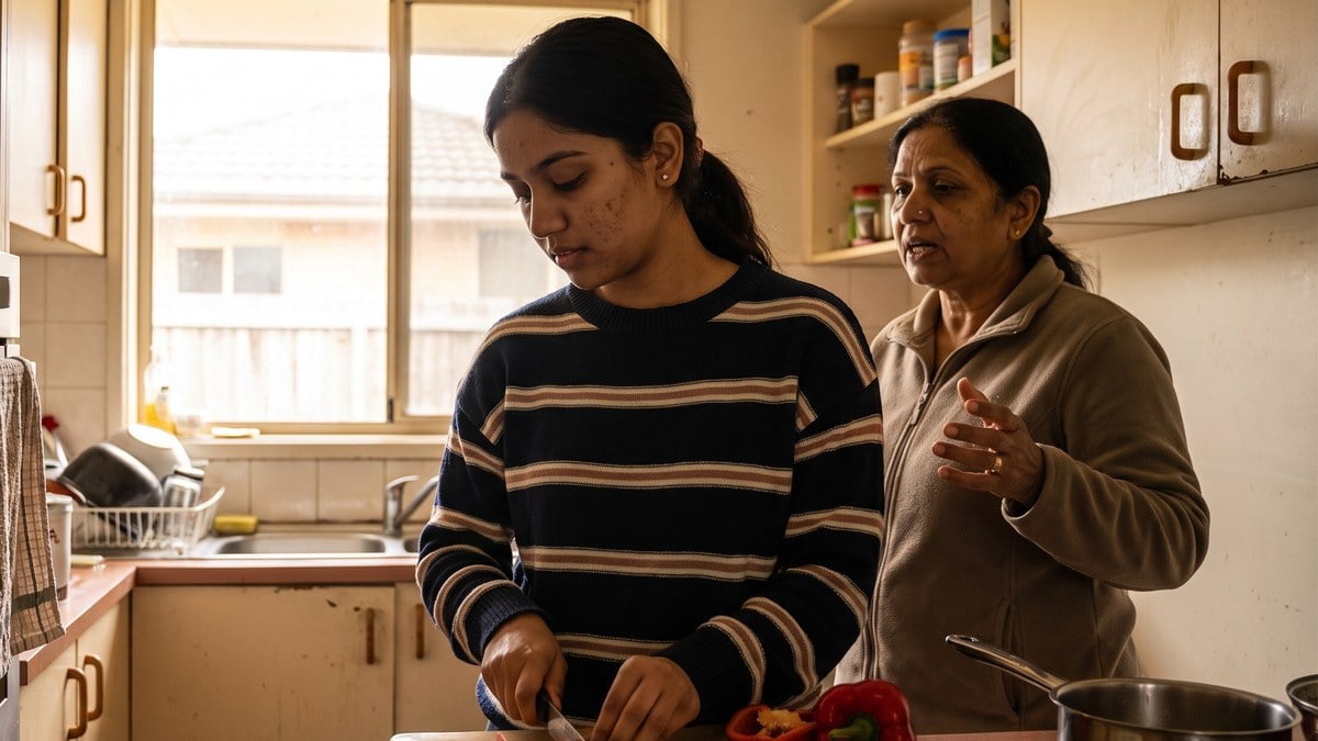 A young woman chopping vegetables at a home kitchen bench while her support worker stands beside her, watching rather than helping