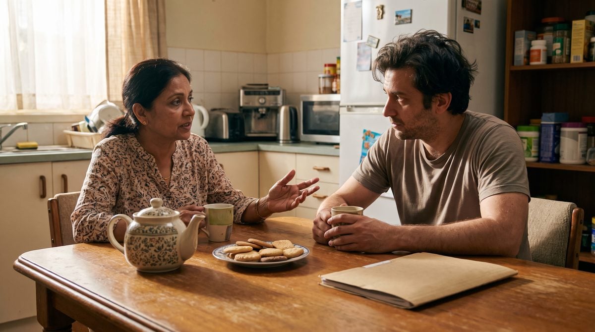 A mother and her adult son talking over tea at their kitchen table, a closed folder beside them