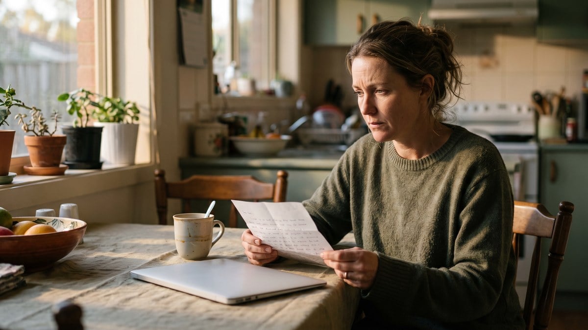 A woman sitting at her kitchen table reading a letter, with a closed laptop and a cup of tea beside her