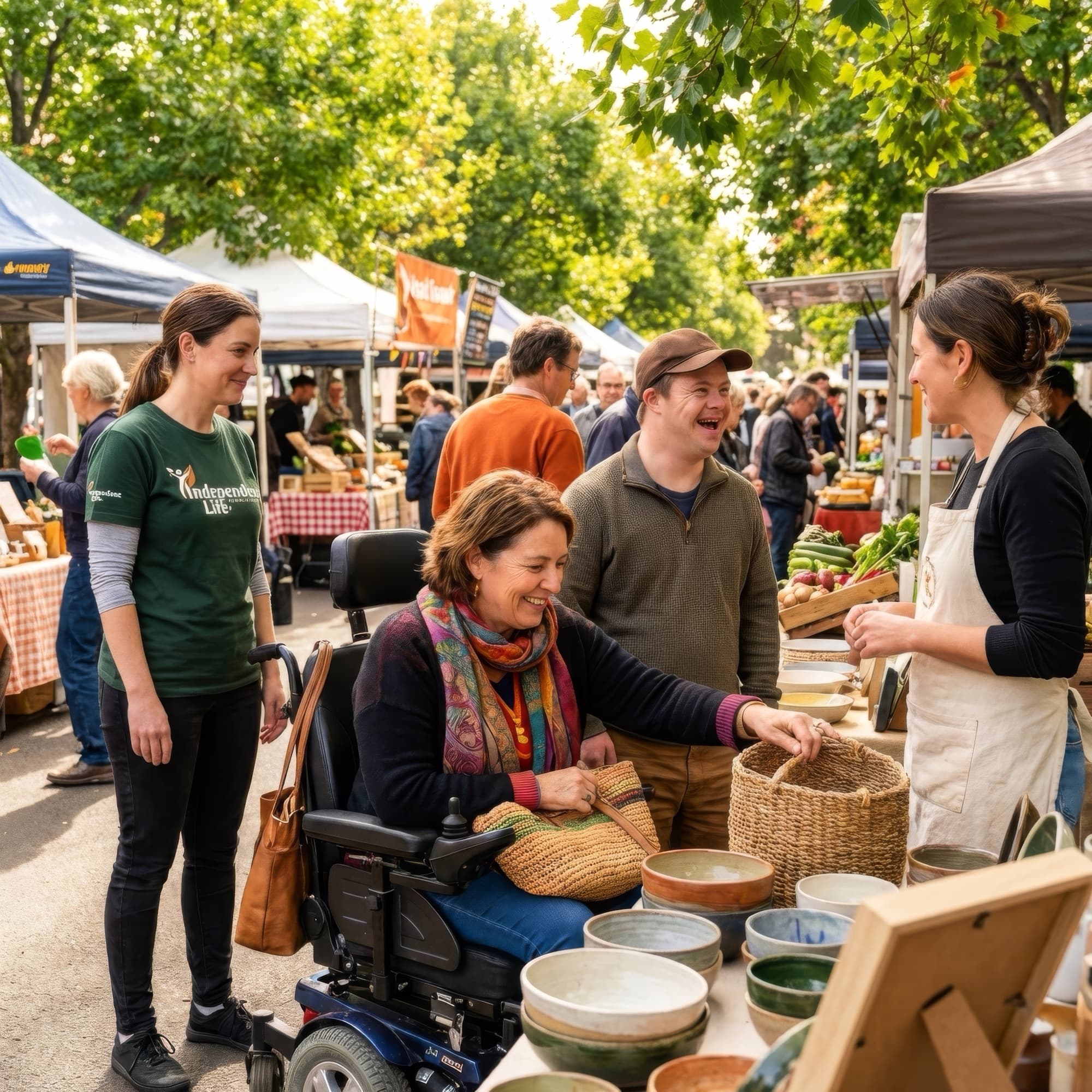 InLife worker with wheelchair user browsing market stalls together